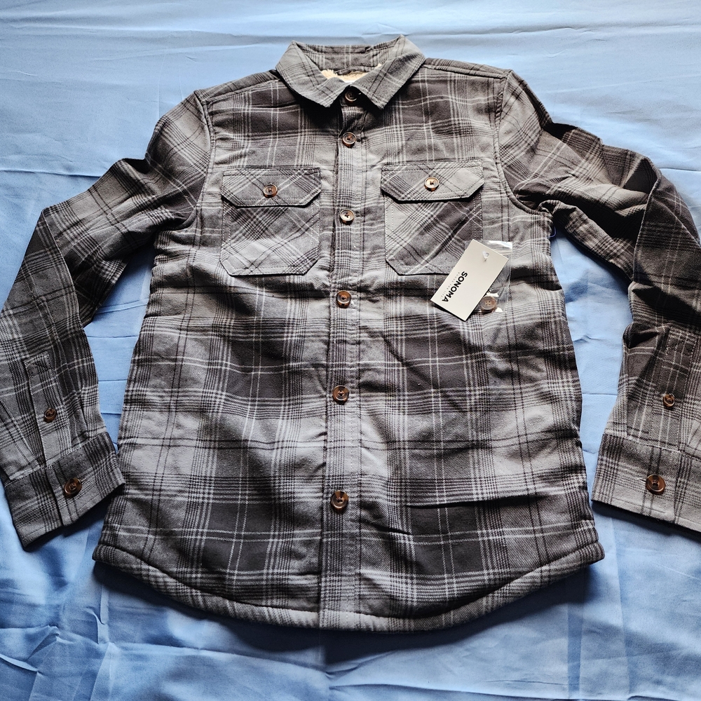 SONOMA YOUTH KIDS BOYS PLAID FLEECE LINED SUPERSOFT SHACKET GRAY SIZE LARGE NWT